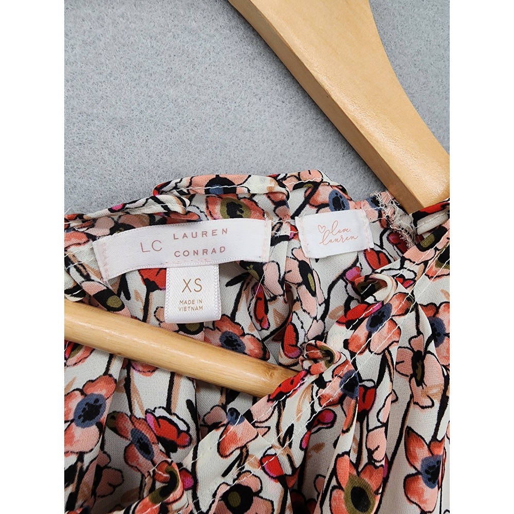 LC Lauren Conrad Floral Cap Sleeve Blouse Orange Pink Poppy Print Tie Back XS - Picture 2 of 11